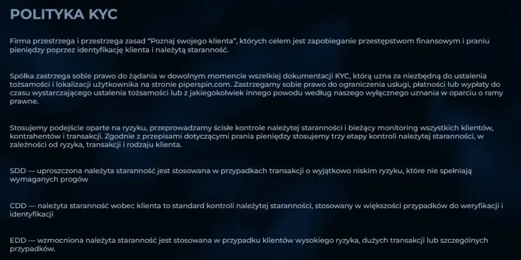 Oficjalne zasady KYC Piperspin dotyczące dokumentów i wypłat
