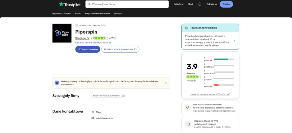 Profil opinii Piperspin na Trustpilot