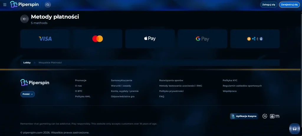 Sekcja płatności Piperspin z dostępnymi metodami
