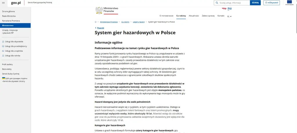 Strona Ministerstwa Finansów o zasadach legalnego hazardu internetowego w Polsce
