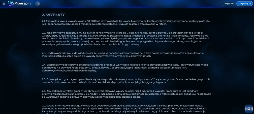 Warunki wypłat Piperspin dotyczące czasu, minimum i weryfikacji